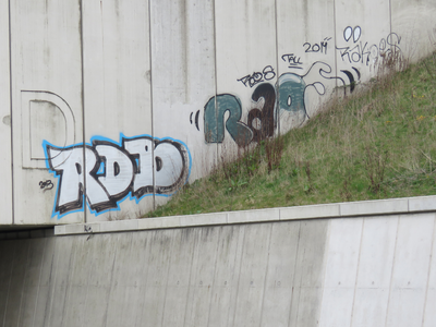 829741 Afbeelding van graffiti met verschillende teksten op het Rhijnoordviaduct van de A2 over de Leidsche Rijn bij de ...